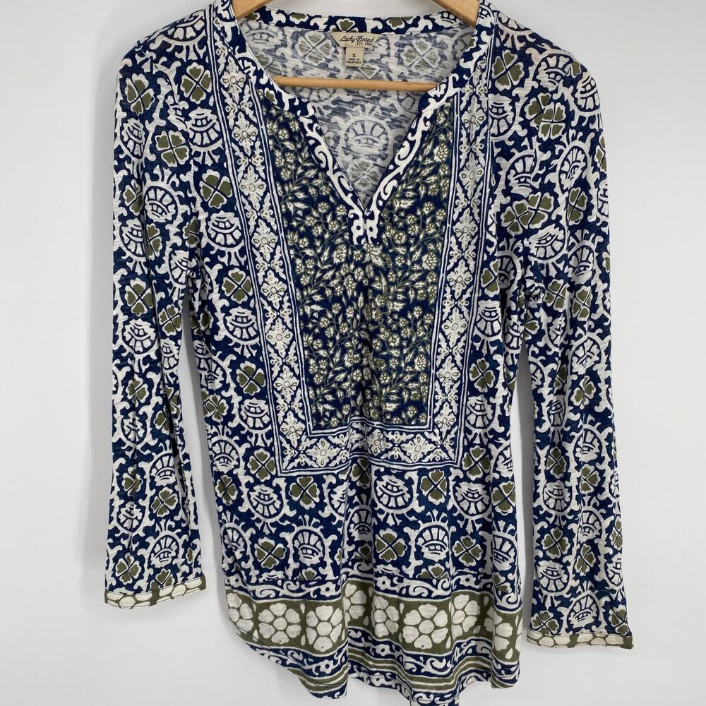 Lucky Brand Top Women’s Small Blue & Green Bohemian Peasant‎ Flowy Feminine